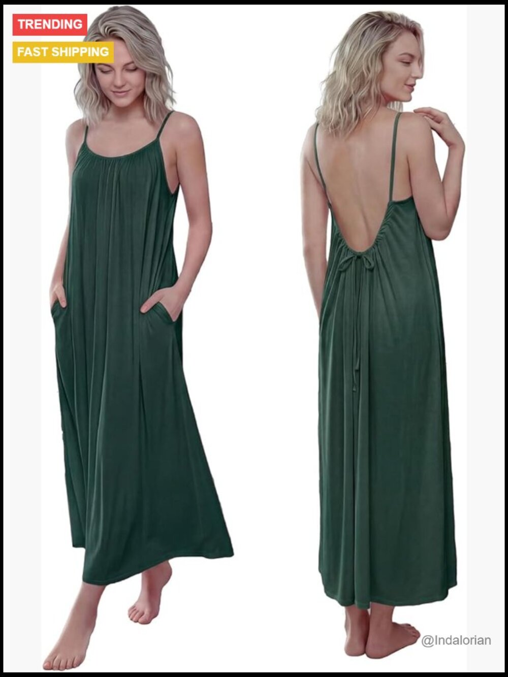 Women's Deep Green Spaghetti-Strap Maxi Dress with Low Back Tie